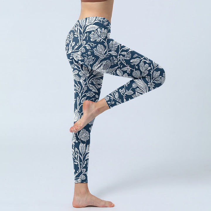 Buddha Stones Dark Blue Flower Print Fitness Leggings Women's Yoga Pants