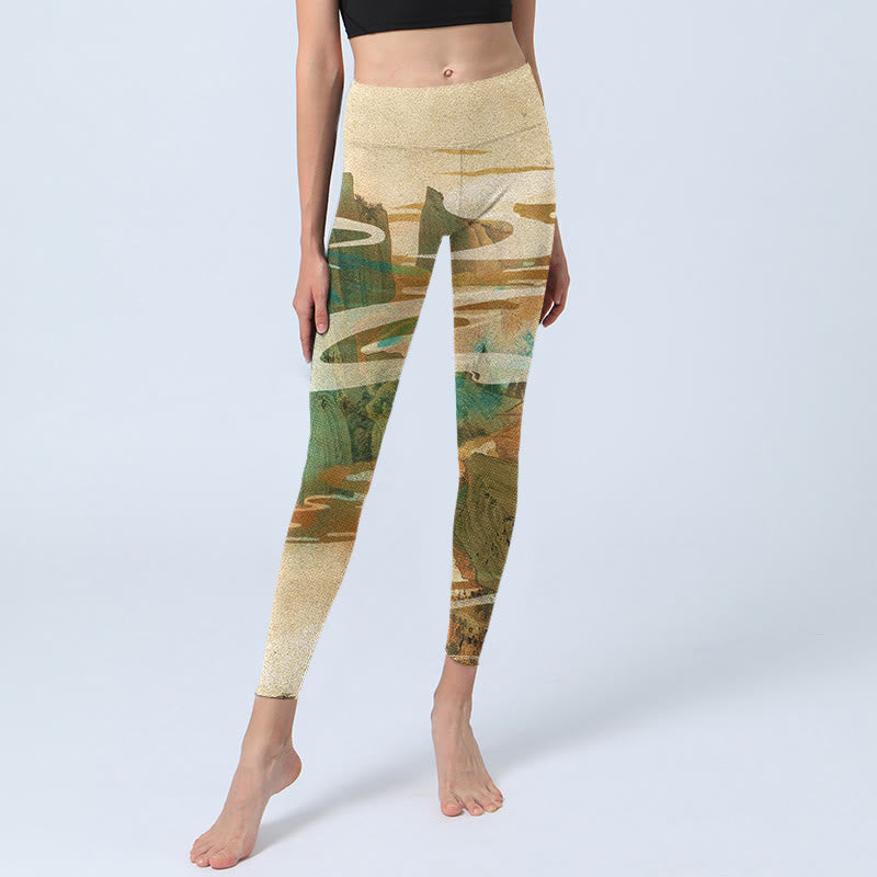 Buddha Stones Green Mountains Clouds Mist Print Fitness Leggings Women's Yoga Pants