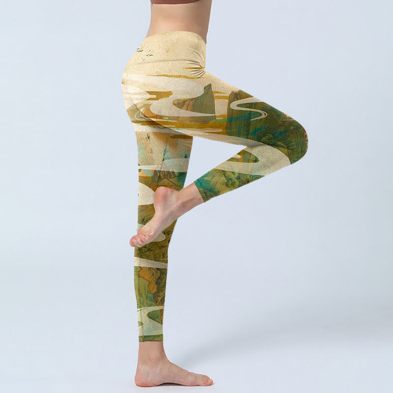 Buddha Stones Green Mountains Clouds Mist Print Fitness Leggings Women's Yoga Pants