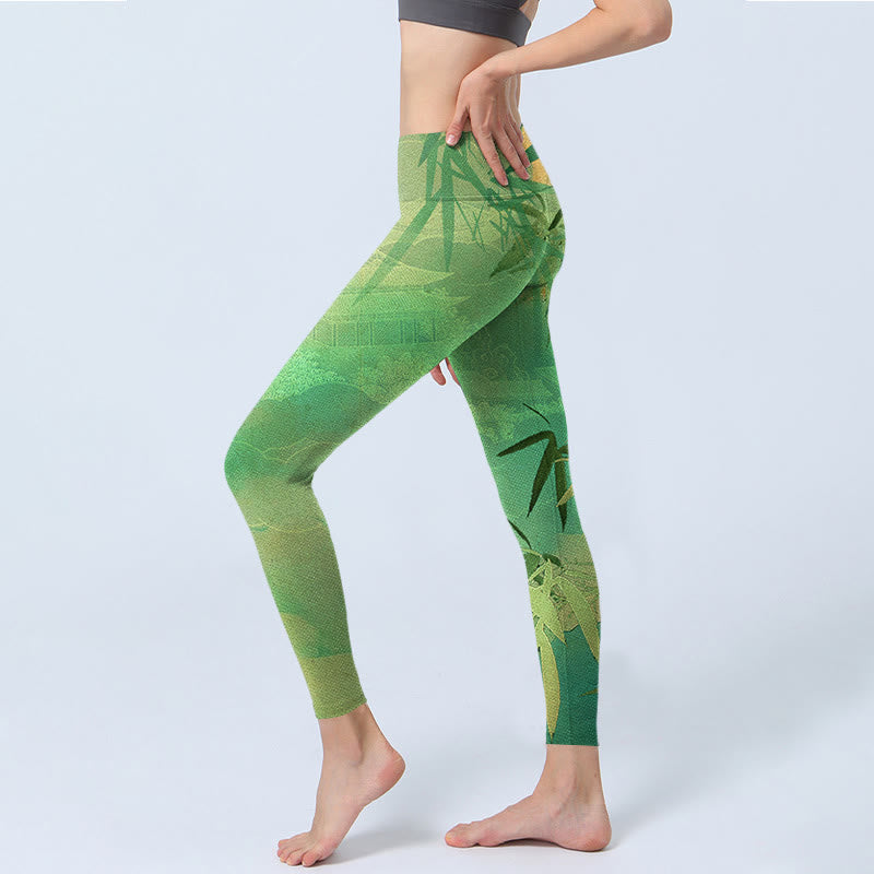 Buddha Stones Green Bamboo Pavilion Print Gym Leggings Women's Yoga Pants