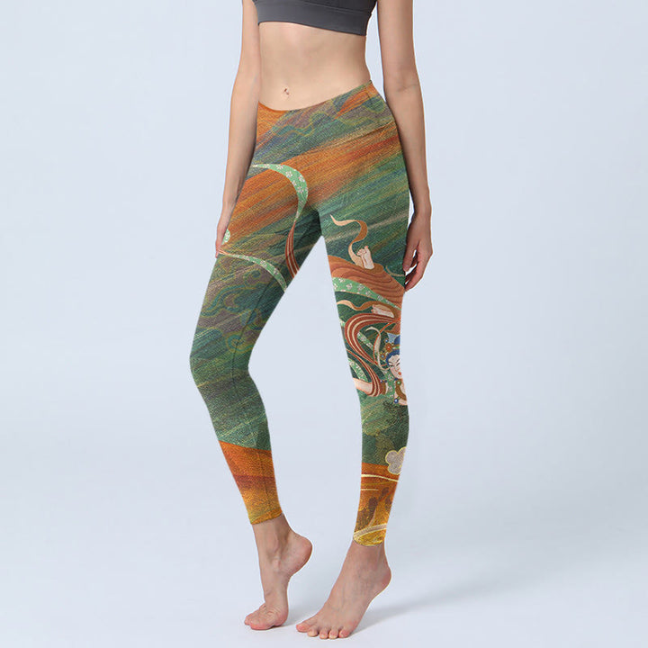 Buddha Stones Dunhuang Flying Apsaras Print Gym Leggings Women's Yoga Pants