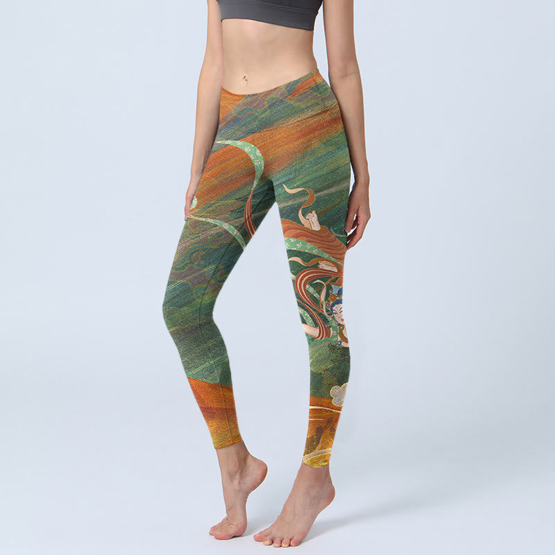 Buddha Stones Dunhuang Flying Apsaras Print Gym Leggings Women's Yoga Pants - OliveDrab - US18，UK/AU22，EU50 (4XL) - image 1