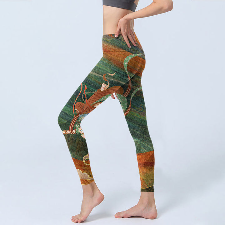 Buddha Stones Dunhuang Flying Apsaras Print Gym Leggings Women's Yoga Pants