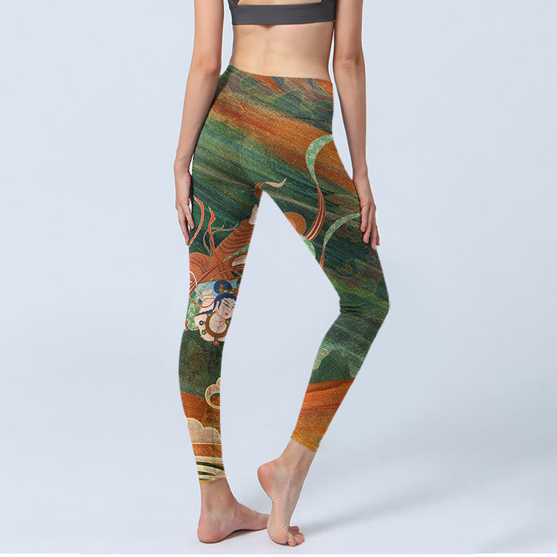 Buddha Stones Dunhuang Flying Apsaras Print Gym Leggings Women's Yoga Pants