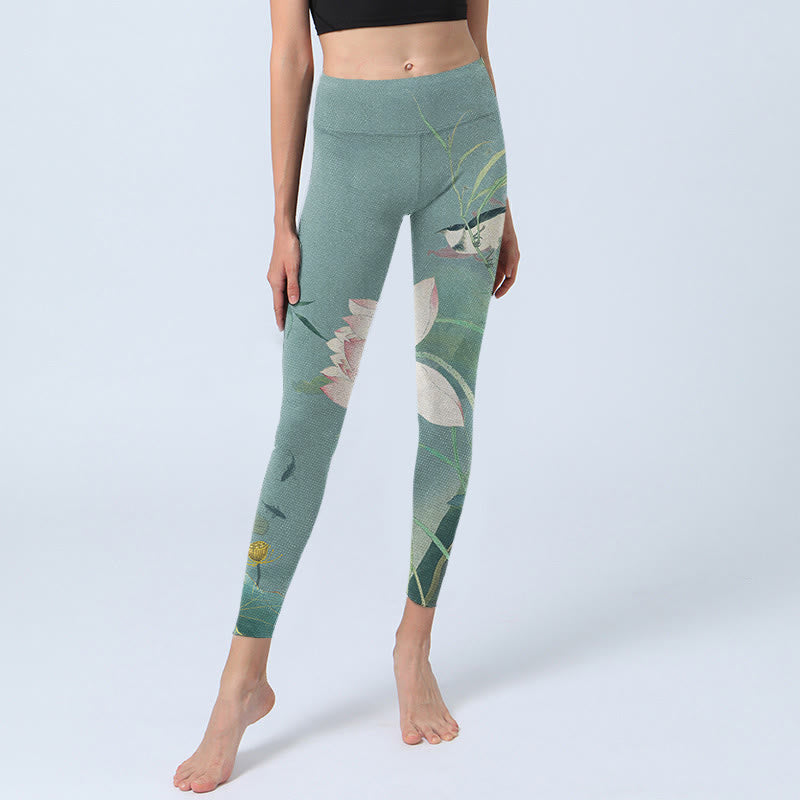 Buddha Stones Lotus Leaf Bird Print Gym Leggings Women's Yoga Pants