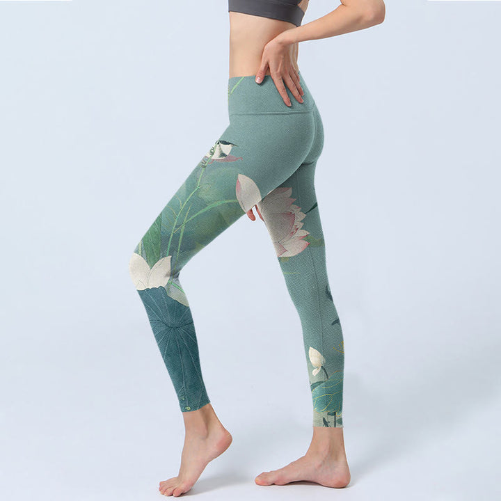 Buddha Stones Lotus Leaf Bird Print Gym Leggings Women's Yoga Pants