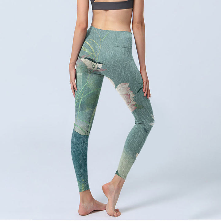 Buddha Stones Lotus Leaf Bird Print Gym Leggings Women's Yoga Pants - image 5