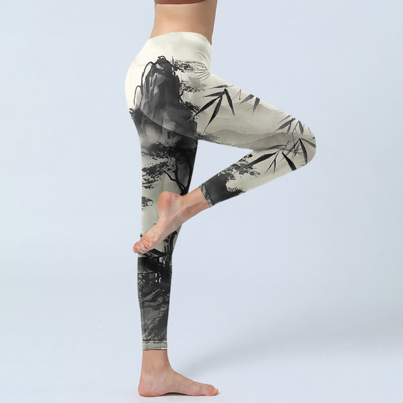 Buddha Stones Ink Bamboo Pine Mountains Print Gym Leggings Women's Yoga Pants