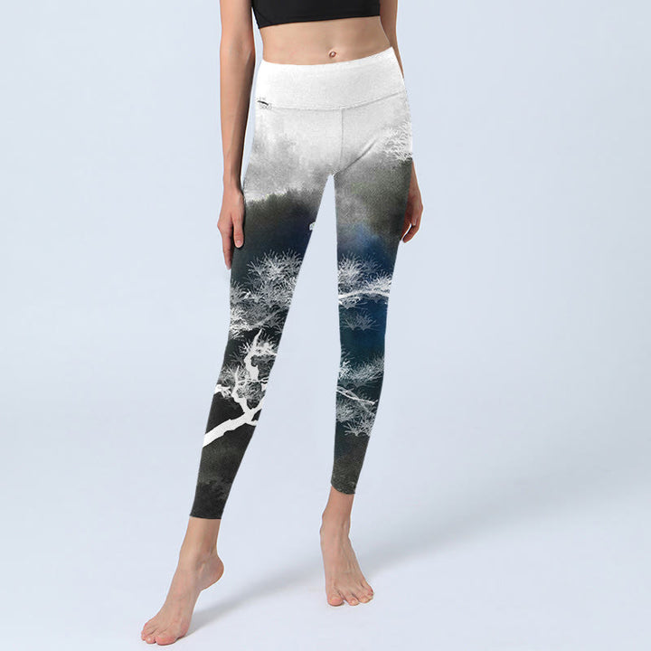 Buddha Stones Ink Painting Pine Tree Print Gym Leggings Women's Yoga Pants