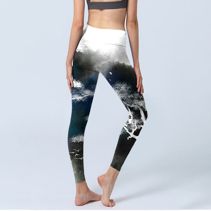 Buddha Stones Ink Painting Pine Tree Print Gym Leggings Women's Yoga Pants - image 4