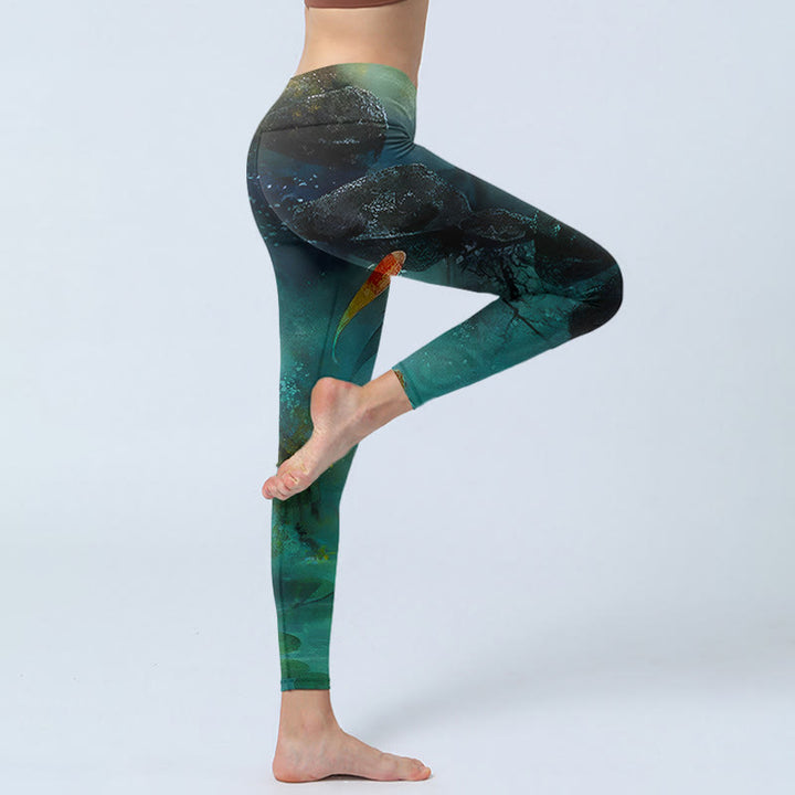 Buddha Stones Pond Koi Fish Rocks Print Sports Leggings Women's Yoga Pants