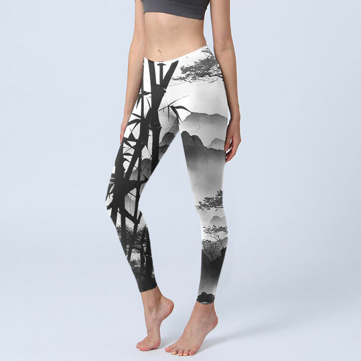 Buddha Stones Ink Painting Bamboo Pine Mountain Scenery Print Gym Leggings Women's Yoga Pants - DarkGray - US18，UK/AU22，EU50 (4XL) - image 0