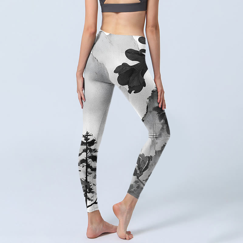 Buddha Stones Ink Painting Trees Mountains Scenery Print Gym Leggings Women's Yoga Pants - image 5