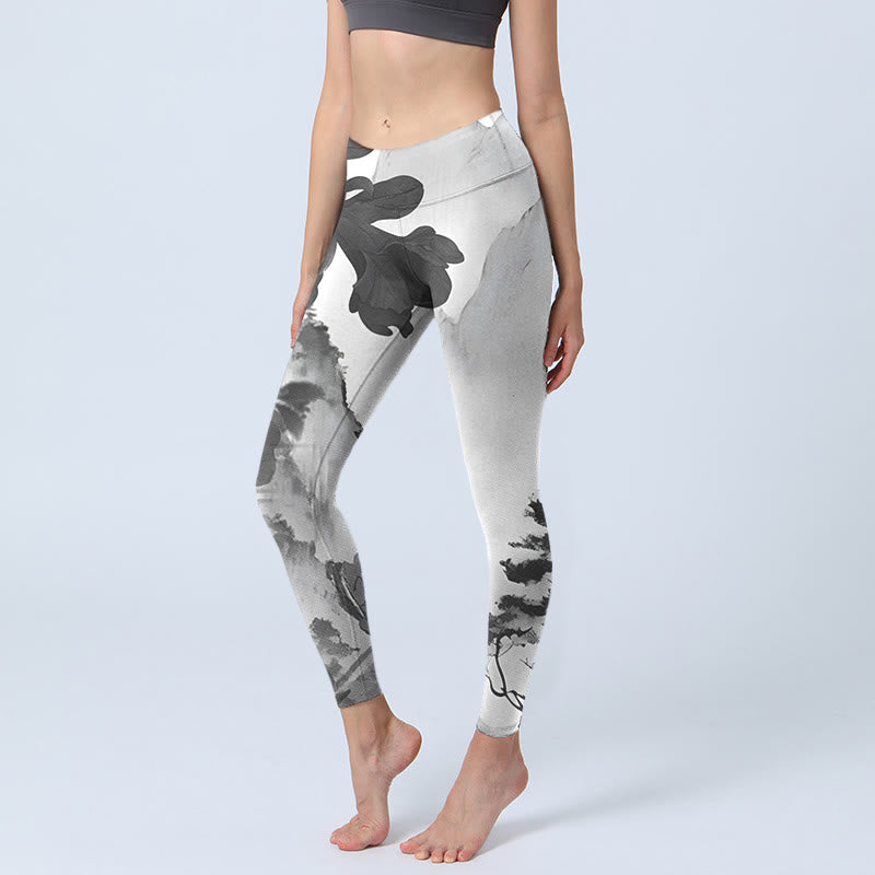 Buddha Stones Ink Painting Trees Mountains Scenery Print Gym Leggings Women's Yoga Pants - WhiteSmoke - US18，UK/AU22，EU50 (4XL) - image 1