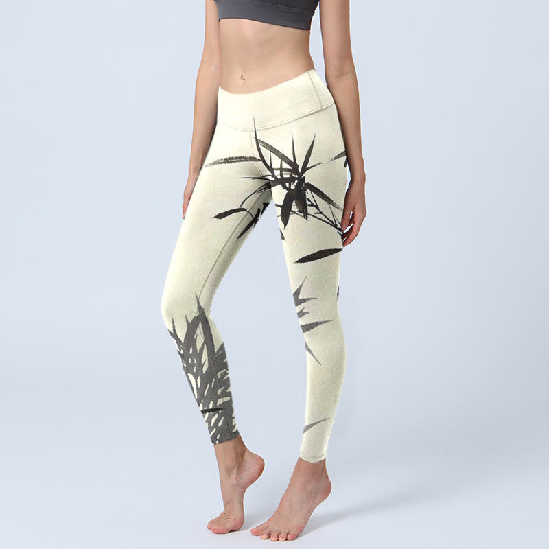 Buddha Stones Ink Painting Bamboo Leaves Print Sports Leggings Women's Yoga Pants - Cornsilk - US18，UK/AU22，EU50 (4XL) - image 1