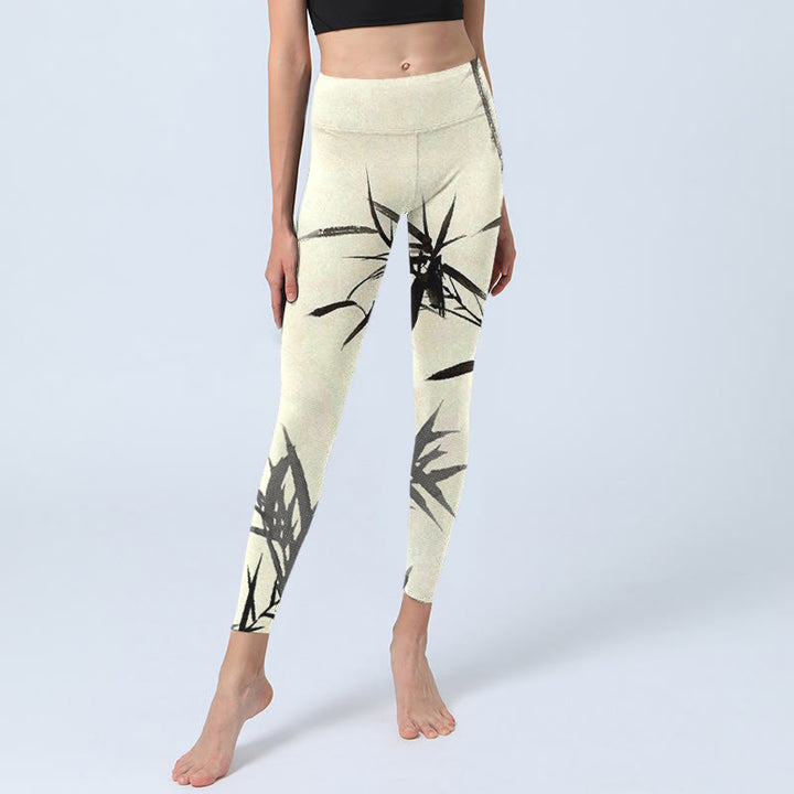 Buddha Stones Ink Painting Bamboo Leaves Print Sports Leggings Women's Yoga Pants - image 6