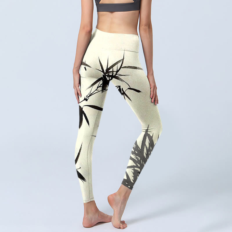 Buddha Stones Ink Painting Bamboo Leaves Print Sports Leggings Women's Yoga Pants - image 4