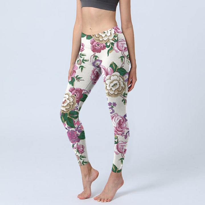 Buddha Stones Red White Peony Flower Print Sports Leggings Women's Yoga Pants