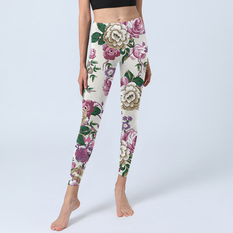 Buddha Stones Red White Peony Flower Print Sports Leggings Women's Yoga Pants - image 5