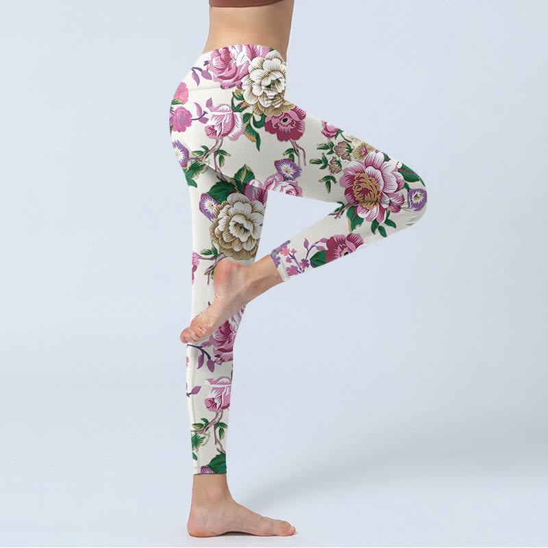 Buddha Stones Red White Peony Flower Print Sports Leggings Women's Yoga Pants - image 3