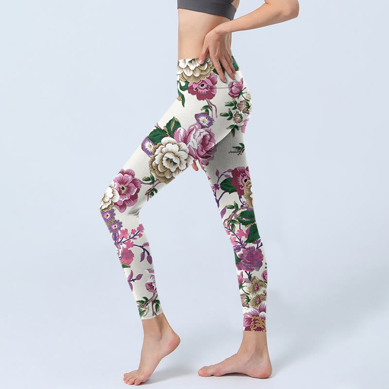 Buddha Stones Red White Peony Flower Print Sports Leggings Women's Yoga Pants