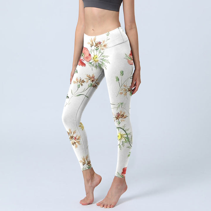 Buddha Stones White Daisy Red Flower Print Sports Leggings Women's Yoga Pants