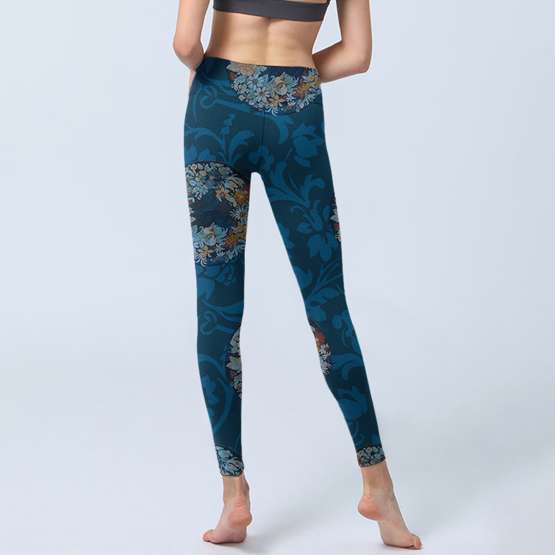 Buddha Stones Dark Blue Flowers In Bloom Print Sports Leggings Women's Yoga Pants