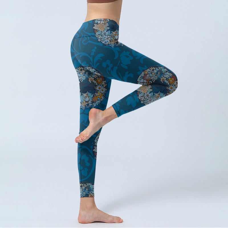 Buddha Stones Dark Blue Flowers In Bloom Print Sports Leggings Women's Yoga Pants - image 3