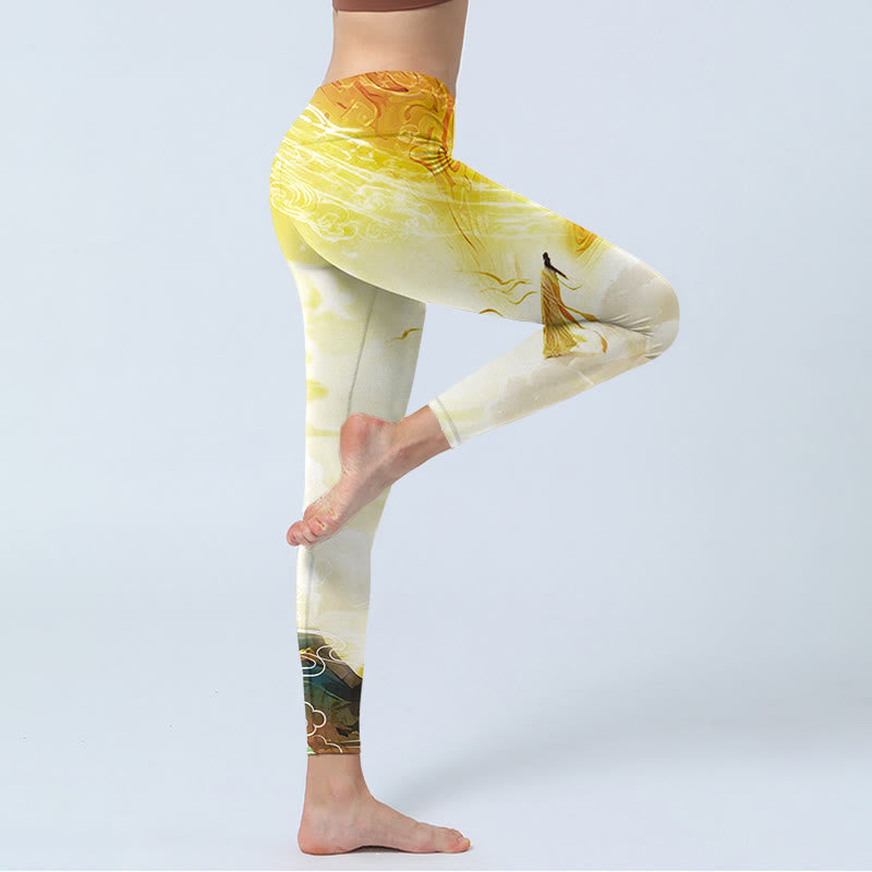 Buddha Stones Golden Auspicious Cloud Figure Print Fitness Leggings Women's Yoga Pants