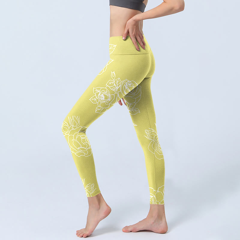 Buddha Stones Yellow Rose Print Fitness Leggings Women's Yoga Pants - image 3