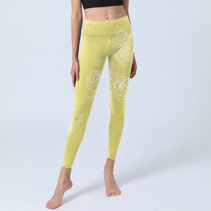 Buddha Stones Yellow Rose Print Fitness Leggings Women's Yoga Pants