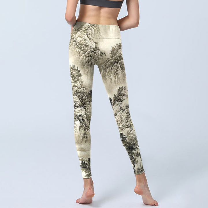 Buddha Stones Mountain Tree River Scenery Print Sports Leggings Women's Yoga Pants