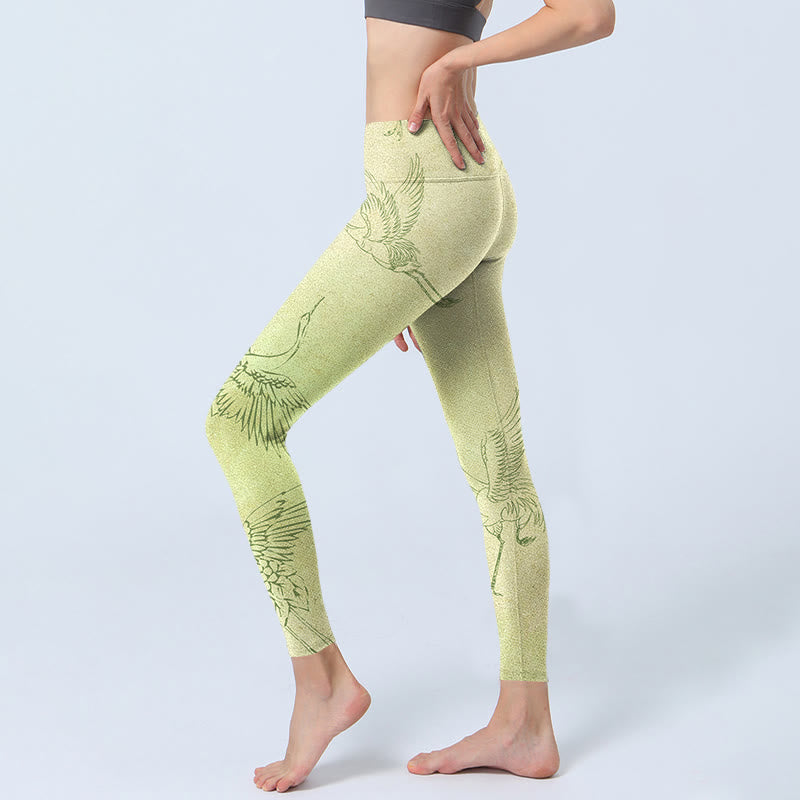 Buddha Stones Light Yellow Crane Print Sports Leggings Women's Yoga Pants - image 2