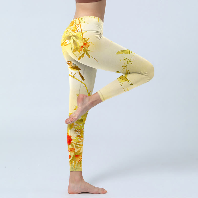 Buddha Stones Light Yellow Peony Flowers Birds Print Sports Leggings Women's Yoga Pants - image 3