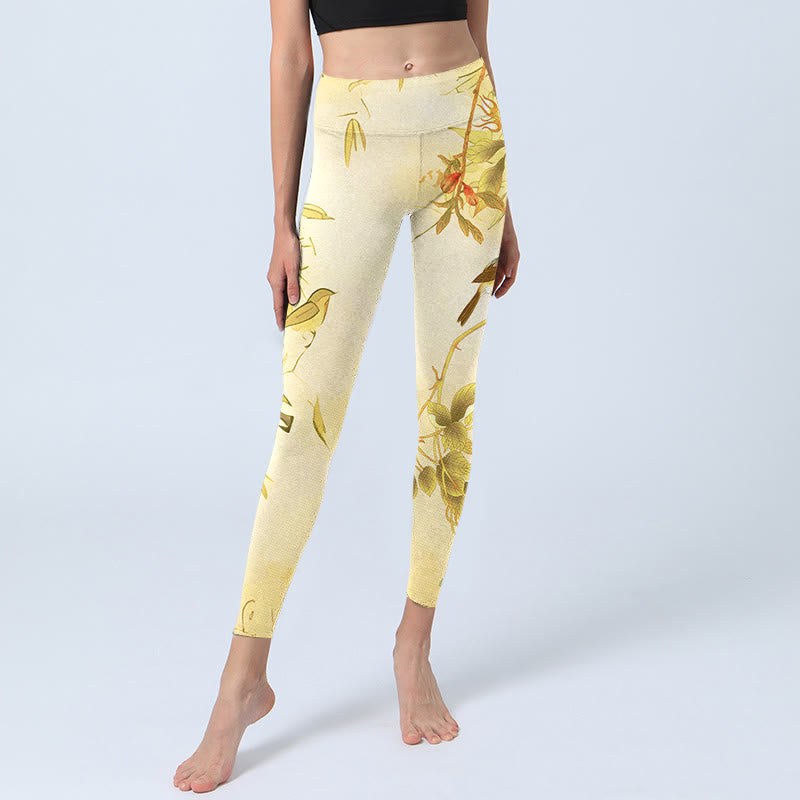 Buddha Stones Light Yellow Peony Flowers Birds Print Sports Leggings Women's Yoga Pants