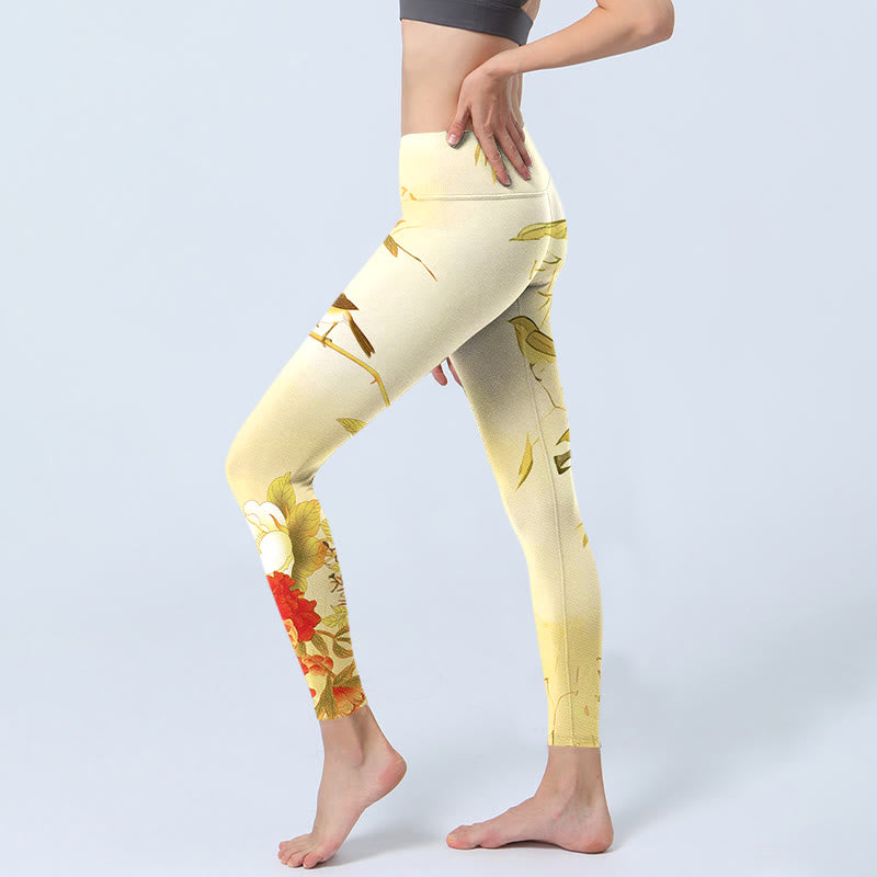 Buddha Stones Light Yellow Peony Flowers Birds Print Sports Leggings Women's Yoga Pants - image 2