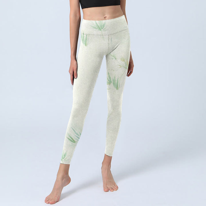 Buddha Stones Green Bamboo Leaves Print Sports Leggings Women's Yoga Pants