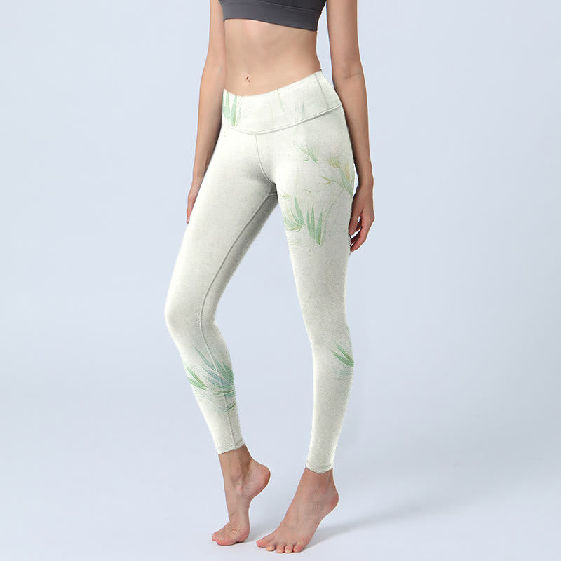 Buddha Stones Green Bamboo Leaves Print Sports Leggings Women's Yoga Pants - Ivory - US18，UK/AU22，EU50 (4XL) - image 0