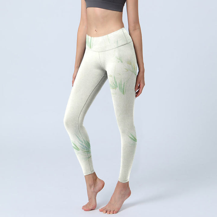 Buddha Stones Green Bamboo Leaves Print Sports Leggings Women's Yoga Pants - Ivory - US18，UK/AU22，EU50 (4XL) - image 0