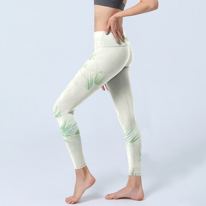 Buddha Stones Green Bamboo Leaves Print Sports Leggings Women's Yoga Pants