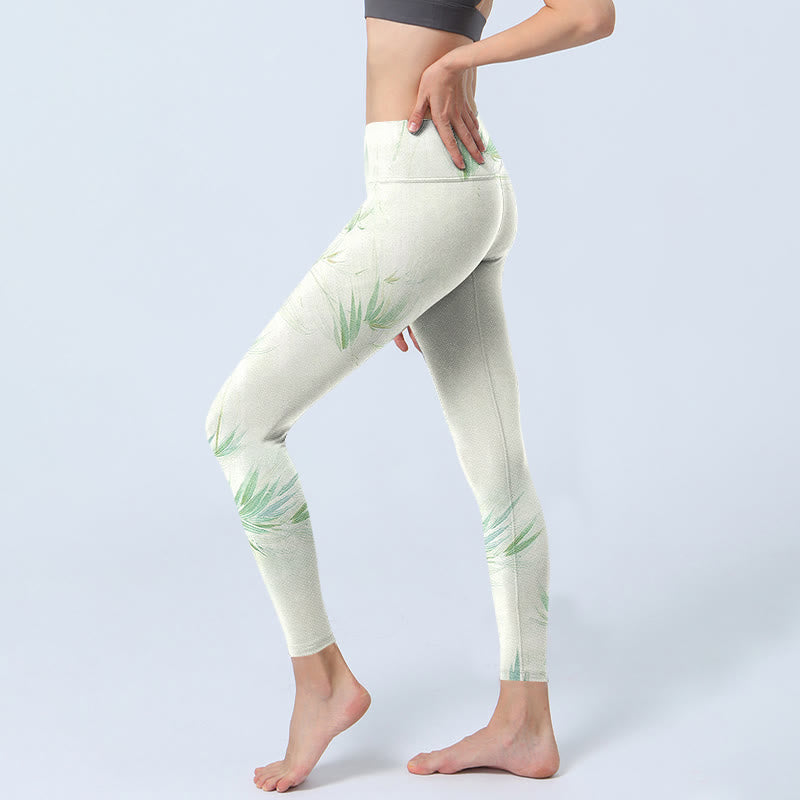 Buddha Stones Green Bamboo Leaves Print Sports Leggings Women's Yoga Pants - image 3