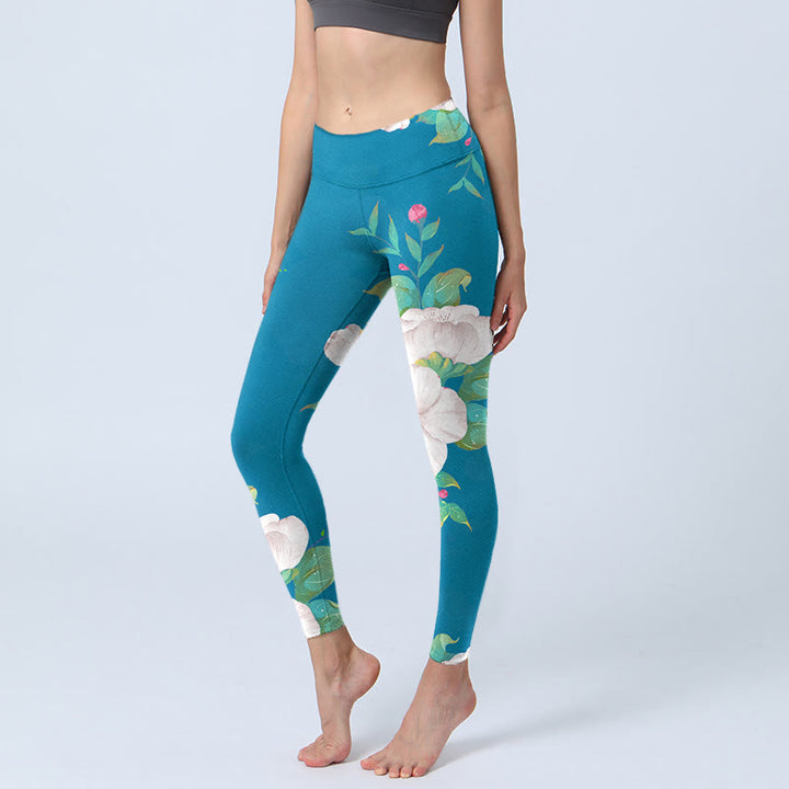 Buddha Stones Blue White Flowers Leaves Print Sports Leggings Women's Yoga Pants