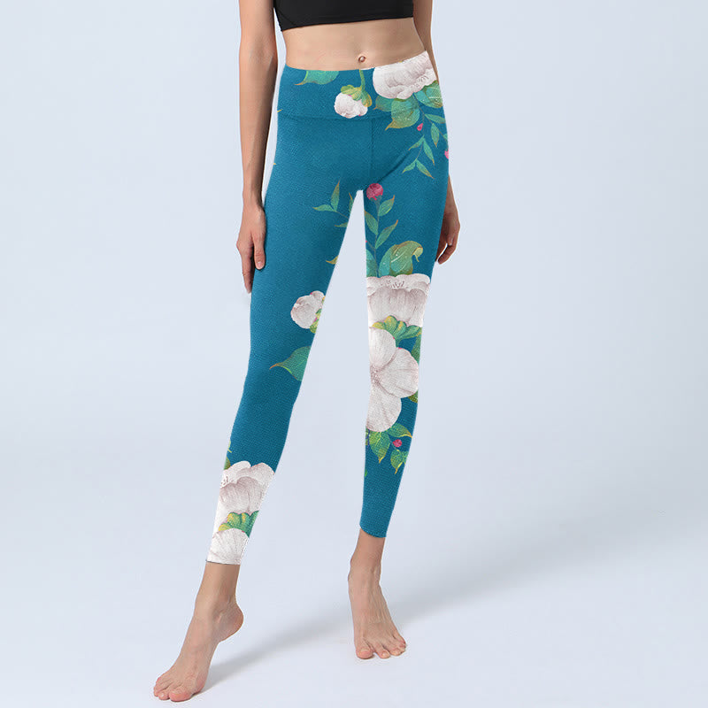 Buddha Stones Blue White Flowers Leaves Print Sports Leggings Women's Yoga Pants