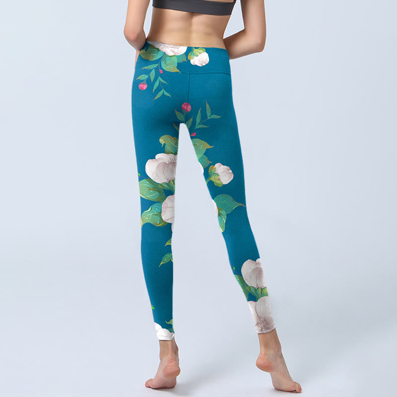 Buddha Stones Blue White Flowers Leaves Print Sports Leggings Women's Yoga Pants