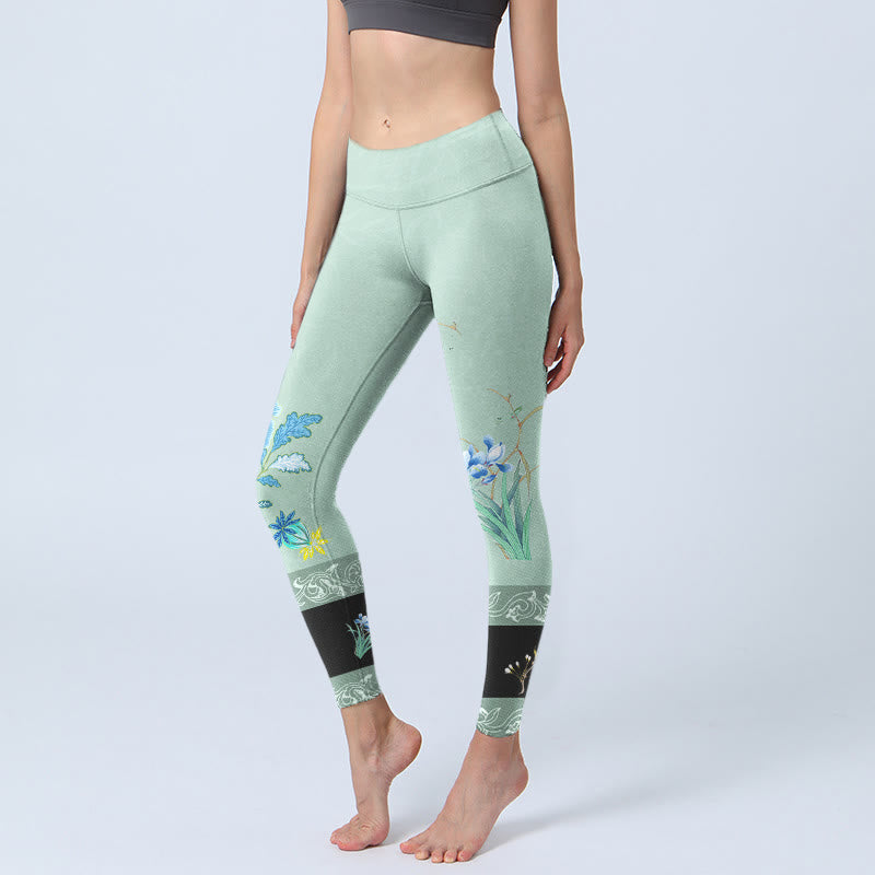Buddha Stones Mint Green Blue Peony Butterfly Print Sports Leggings Women's Yoga Pants - Honeydew - US18，UK/AU22，EU50 (4XL) - image 0