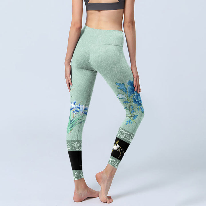 Buddha Stones Mint Green Blue Peony Butterfly Print Sports Leggings Women's Yoga Pants