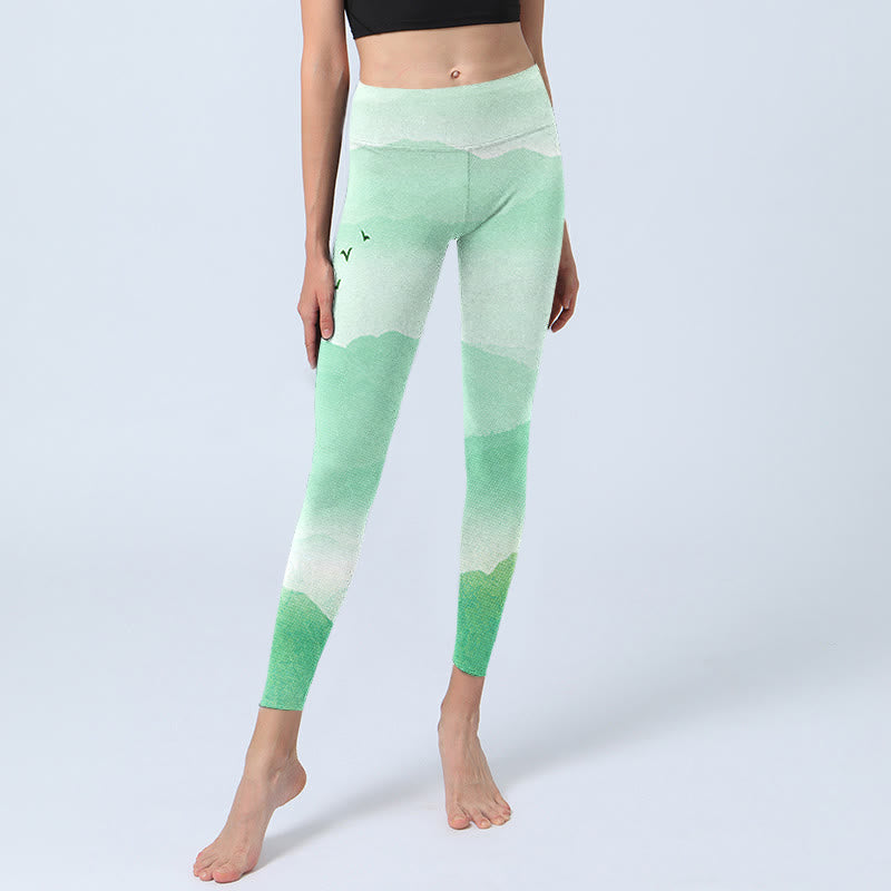 Buddha Stones Mint Cream Mountains Wild Goose Print Sports Leggings Women's Yoga Pants - image 6