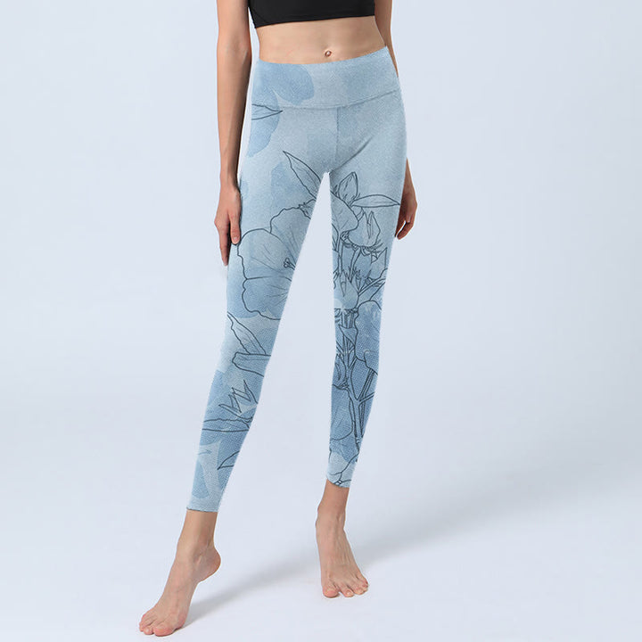 Buddha Stones Blue Flower Sketch Print Sports Leggings Women's Yoga Pants