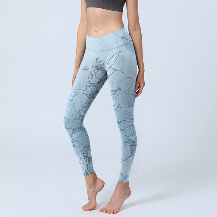 Buddha Stones Blue Flower Sketch Print Sports Leggings Women's Yoga Pants - LightBlue - US18，UK/AU22，EU50 (4XL) - image 0
