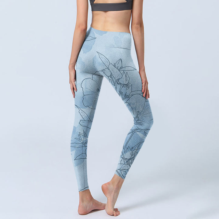 Buddha Stones Blue Flower Sketch Print Sports Leggings Women's Yoga Pants - image 4